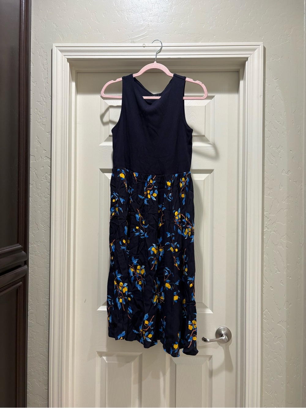 Ann Taylor Navy Sleeveless Dress with Blue and Yellow Floral Lemon Skirt